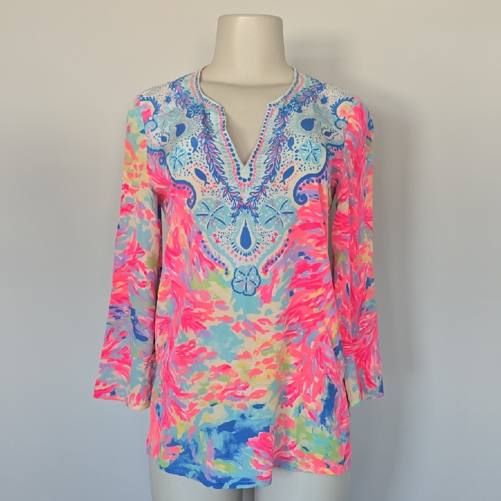 Lilly Pulitzer hot pink/blue watercolor floral silk tunic blouse-XXS